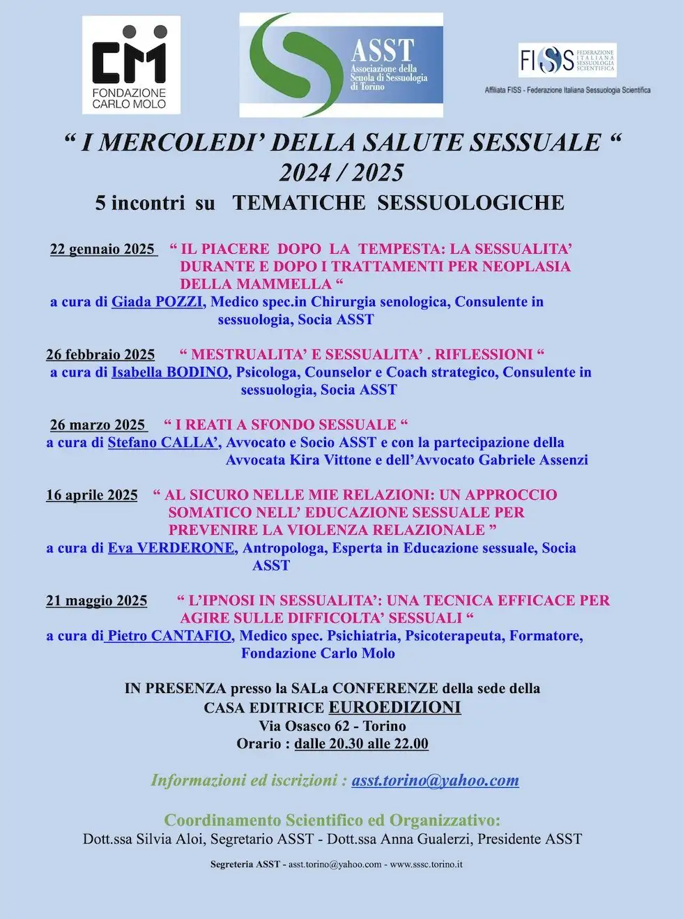 Serate “I mercoledì della salute sessuale” – 5 incontri su Tematiche Sessuologiche. Gennaio-Maggio 2025